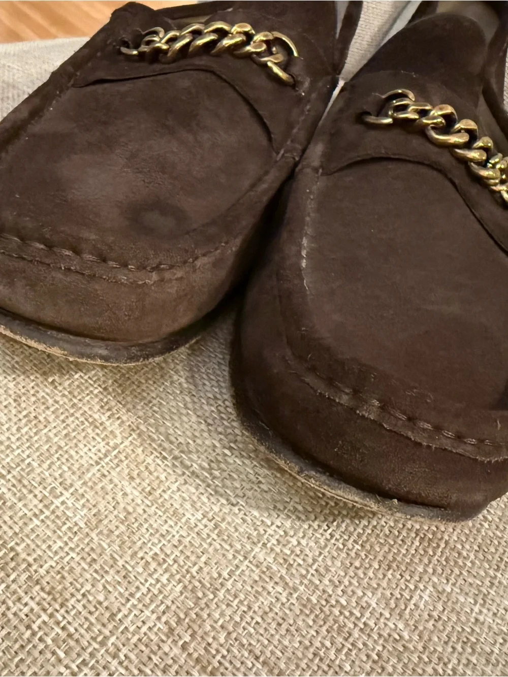 Tom Ford Dark Brown Suede Loafers with Gold Chain
